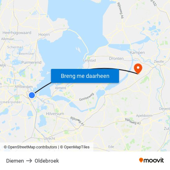 Diemen to Oldebroek map