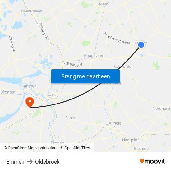 Emmen to Oldebroek map