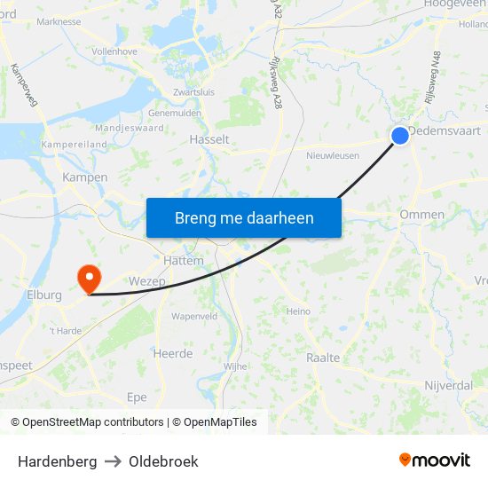 Hardenberg to Oldebroek map