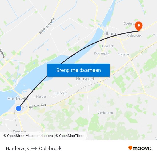 Harderwijk to Oldebroek map