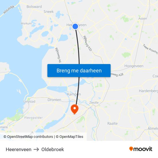 Heerenveen to Oldebroek map