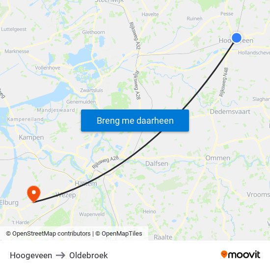 Hoogeveen to Oldebroek map