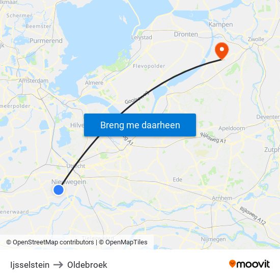 Ijsselstein to Oldebroek map