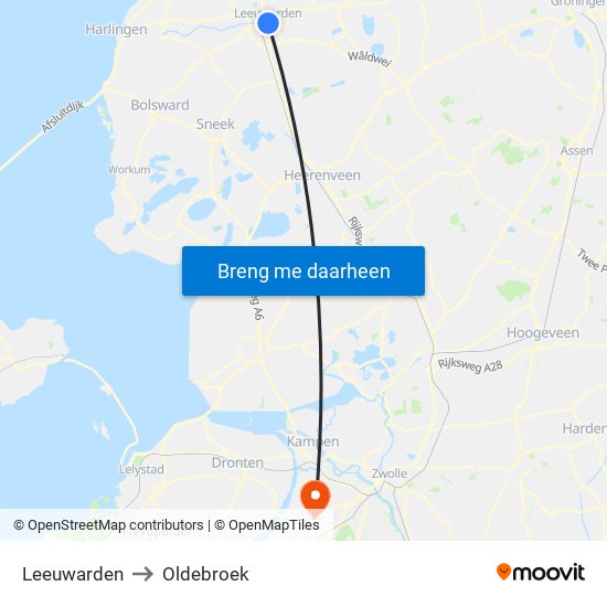 Leeuwarden to Oldebroek map