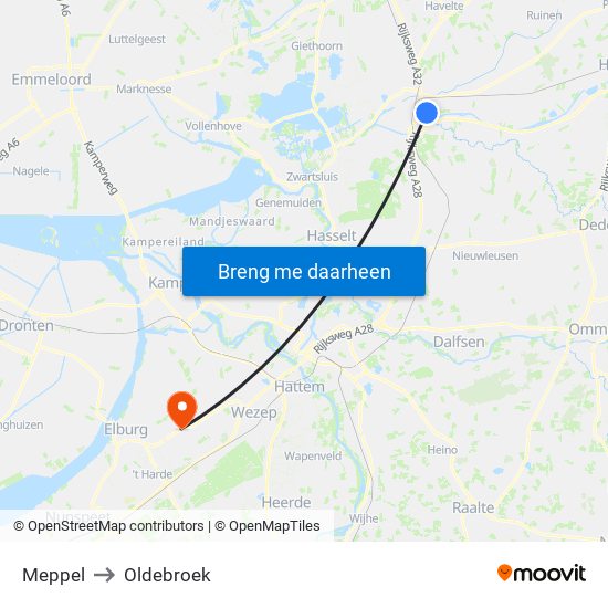 Meppel to Oldebroek map