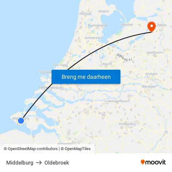 Middelburg to Oldebroek map