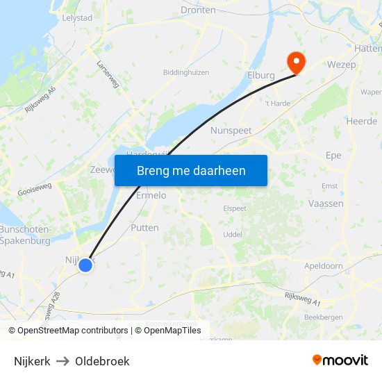 Nijkerk to Oldebroek map