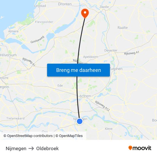 Nijmegen to Oldebroek map