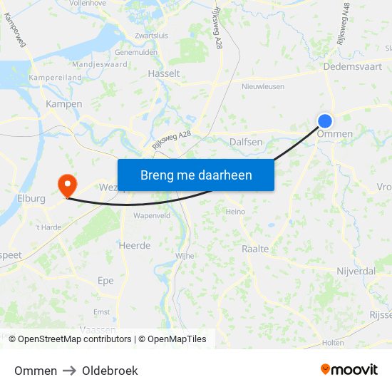 Ommen to Oldebroek map