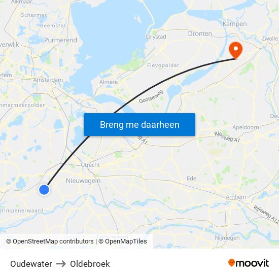 Oudewater to Oldebroek map