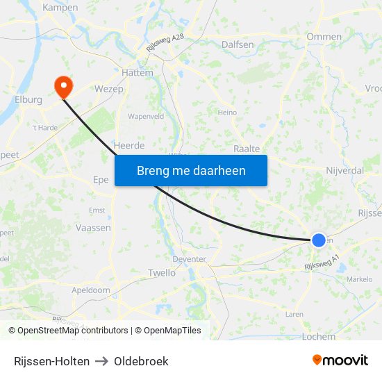 Rijssen-Holten to Oldebroek map