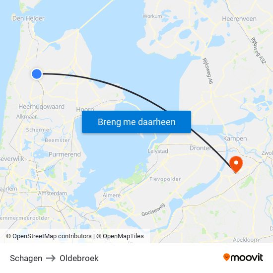 Schagen to Oldebroek map