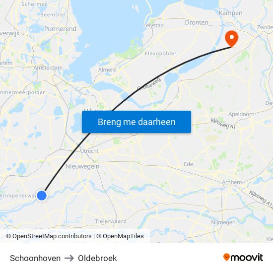 Schoonhoven to Oldebroek map