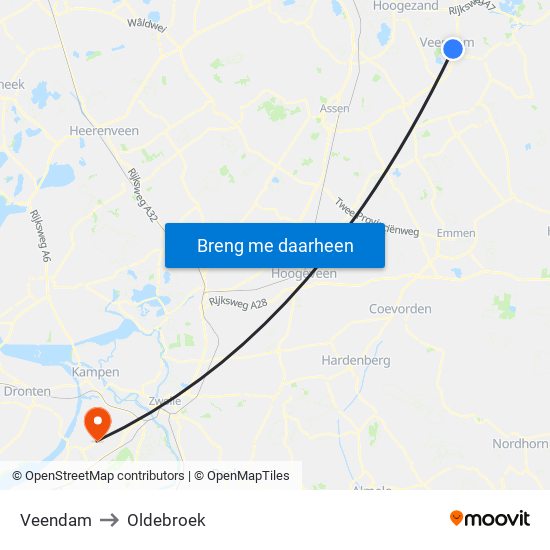 Veendam to Oldebroek map