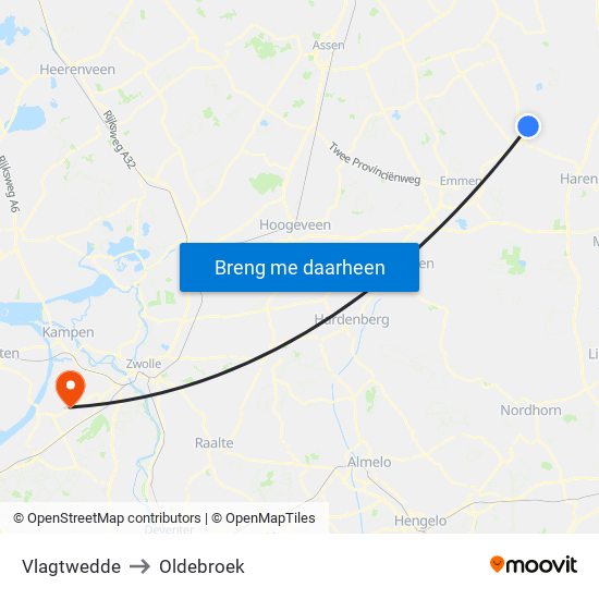 Vlagtwedde to Oldebroek map