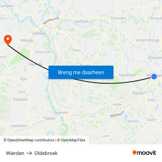 Wierden to Oldebroek map
