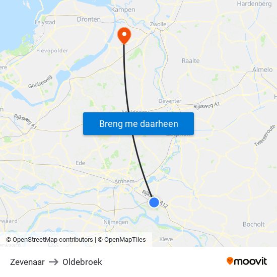 Zevenaar to Oldebroek map
