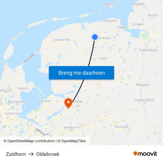 Zuidhorn to Oldebroek map