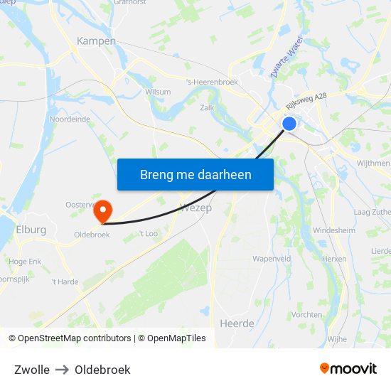 Zwolle to Oldebroek map