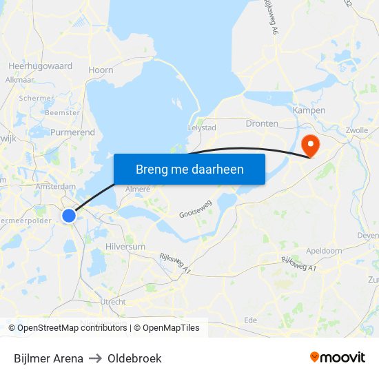 Bijlmer Arena to Oldebroek map