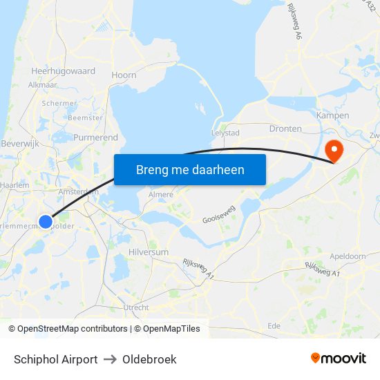Schiphol Airport to Oldebroek map