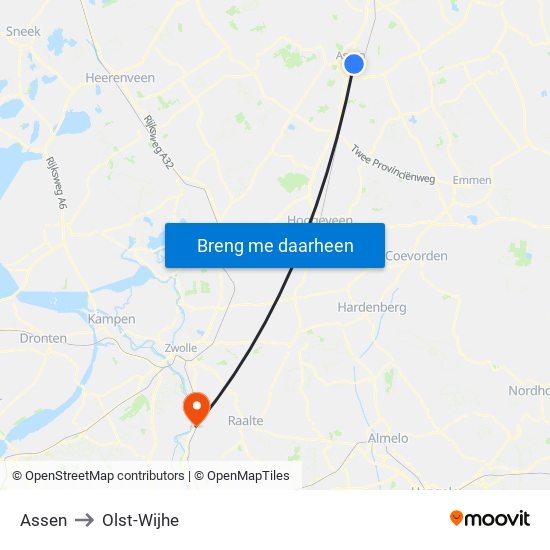 Assen to Olst-Wijhe map