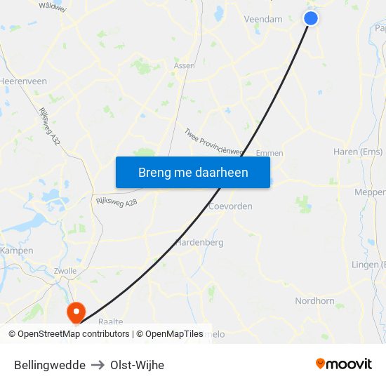 Bellingwedde to Olst-Wijhe map