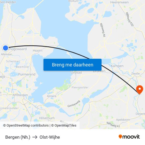 Bergen (Nh.) to Olst-Wijhe map