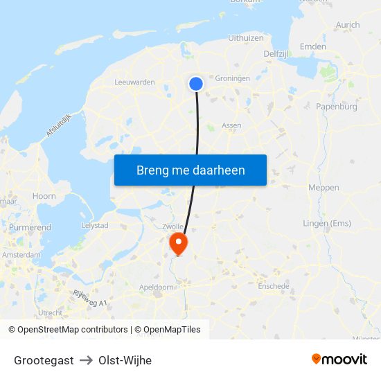 Grootegast to Olst-Wijhe map