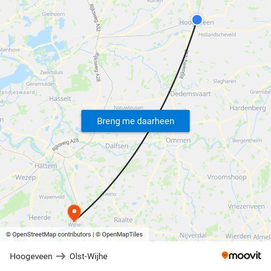 Hoogeveen to Olst-Wijhe map