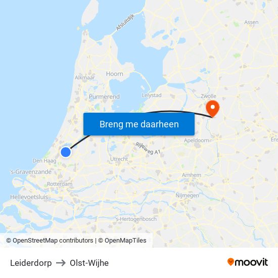 Leiderdorp to Olst-Wijhe map