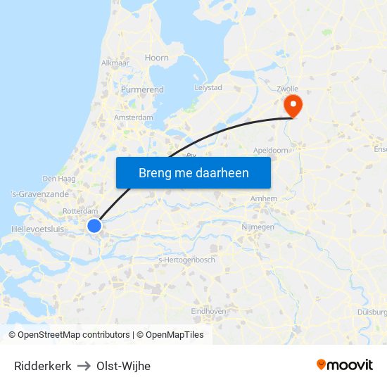 Ridderkerk to Olst-Wijhe map