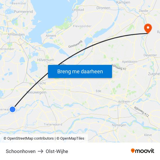 Schoonhoven to Olst-Wijhe map