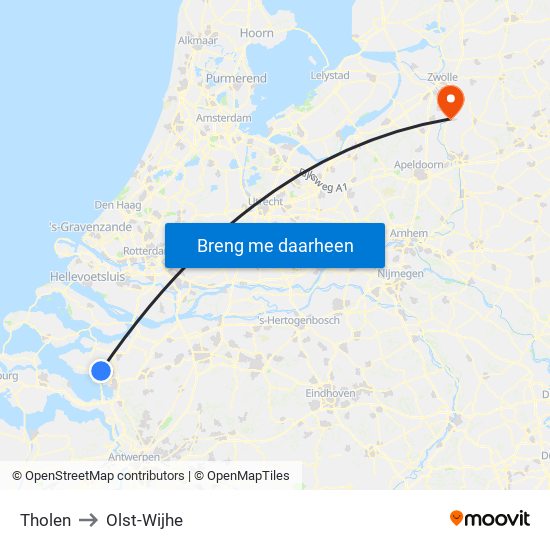 Tholen to Olst-Wijhe map