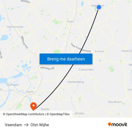 Veendam to Olst-Wijhe map