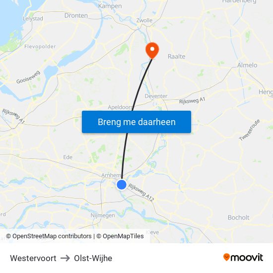 Westervoort to Olst-Wijhe map