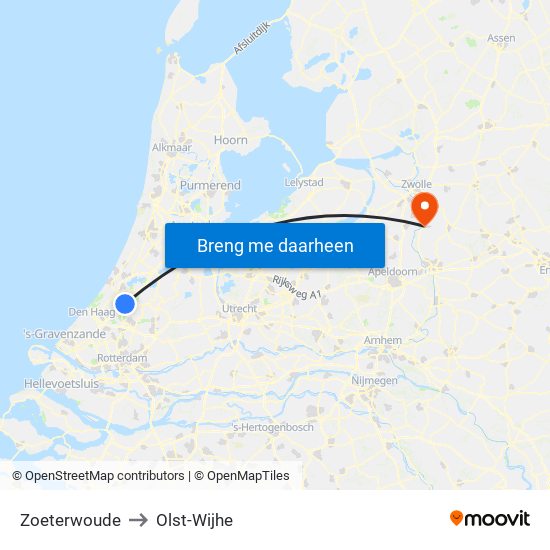 Zoeterwoude to Olst-Wijhe map