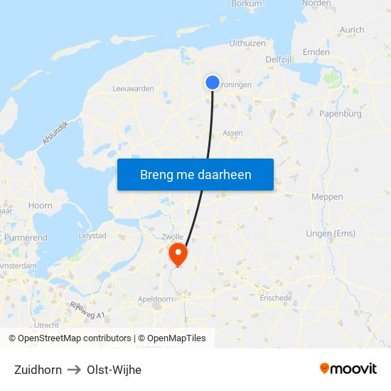 Zuidhorn to Olst-Wijhe map
