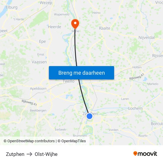 Zutphen to Olst-Wijhe map
