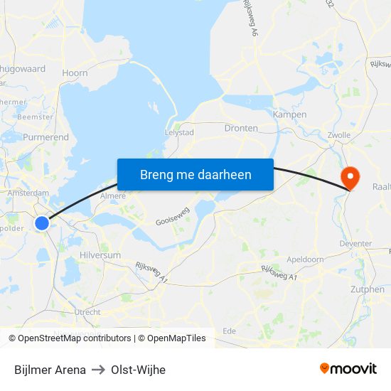 Bijlmer Arena to Olst-Wijhe map