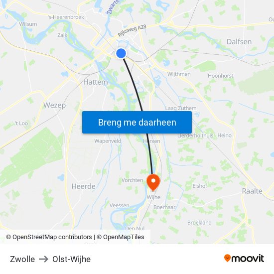 Zwolle to Olst-Wijhe map