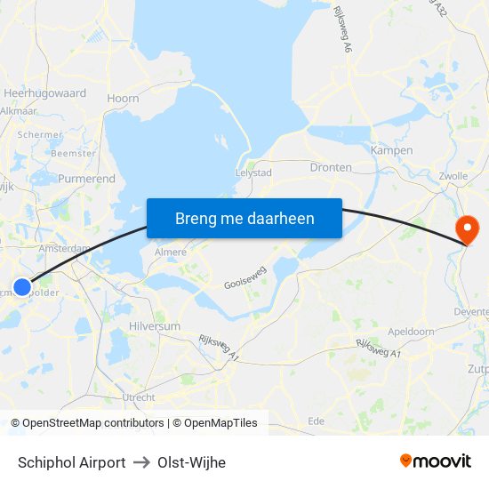Schiphol Airport to Olst-Wijhe map
