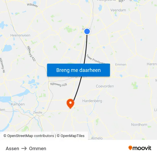 Assen to Ommen map