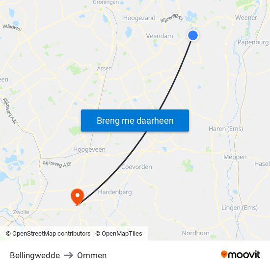 Bellingwedde to Ommen map