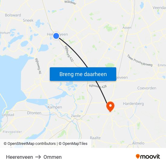 Heerenveen to Ommen map