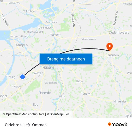 Oldebroek to Ommen map