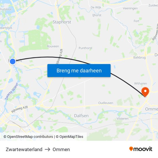 Zwartewaterland to Ommen map
