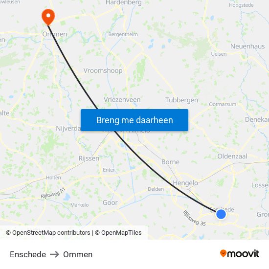 Enschede to Ommen map