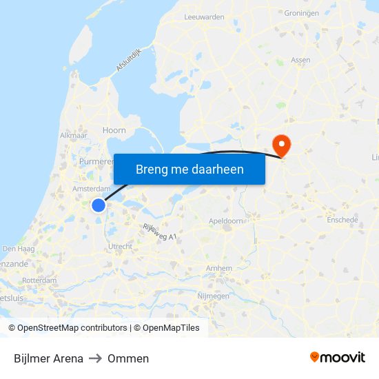 Bijlmer Arena to Ommen map