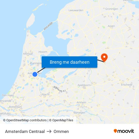 Amsterdam Centraal to Ommen map